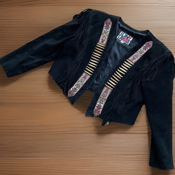 TONY LAMA Women's 14 Southwest Fringed Beaded Black Suede Leather Bolero Jacket - Picture 2 of 13